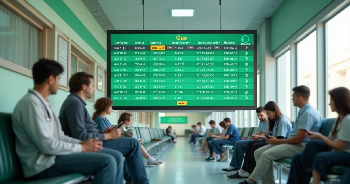 Fila digital exibida em painel de hospital público com pacientes aguardando