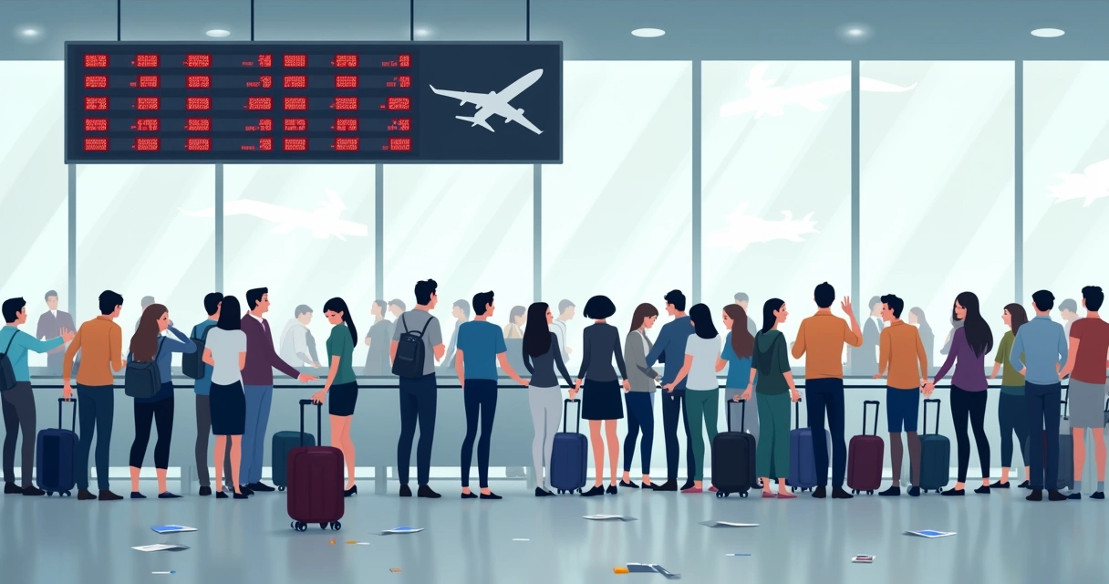 Passageiros em fila aguardando informações sobre voos cancelados 