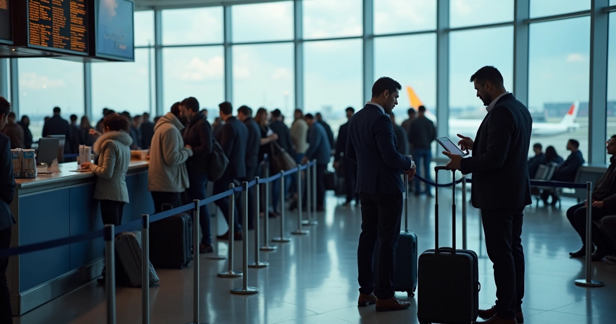 Passageiros em pé em fila tensa no portão de embarque lotado 