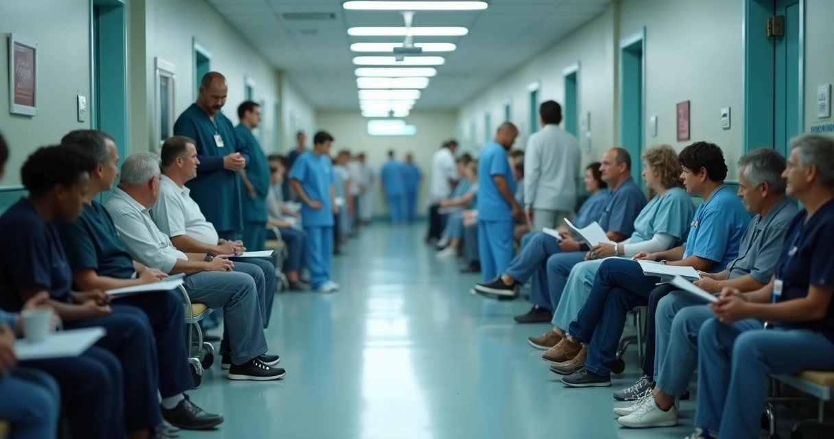Fila de pacientes no corredor de hospital aguardando cirurgia 