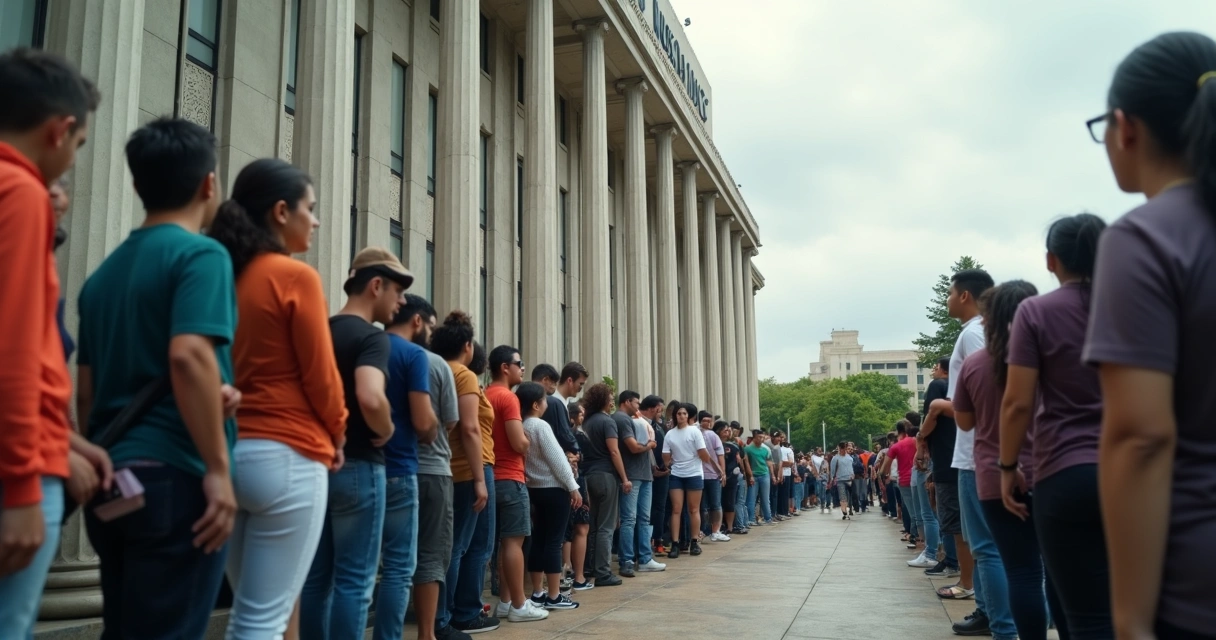 Fila de pessoas em agência do INSS aguardando atendimento 