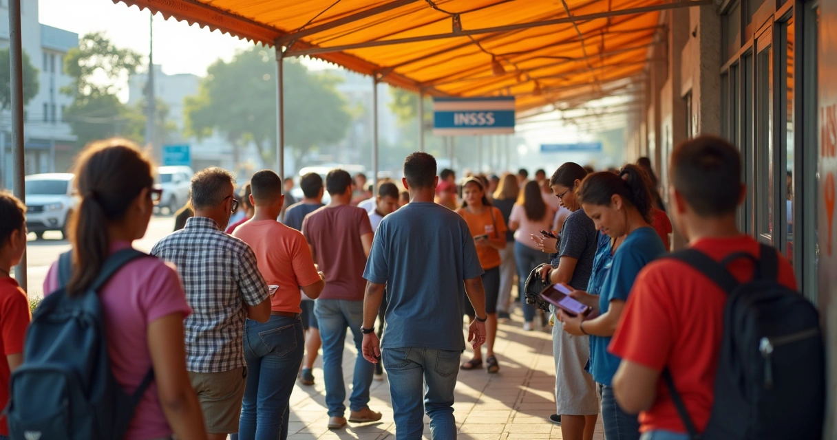 Fila de pessoas aguardando atendimento no INSS