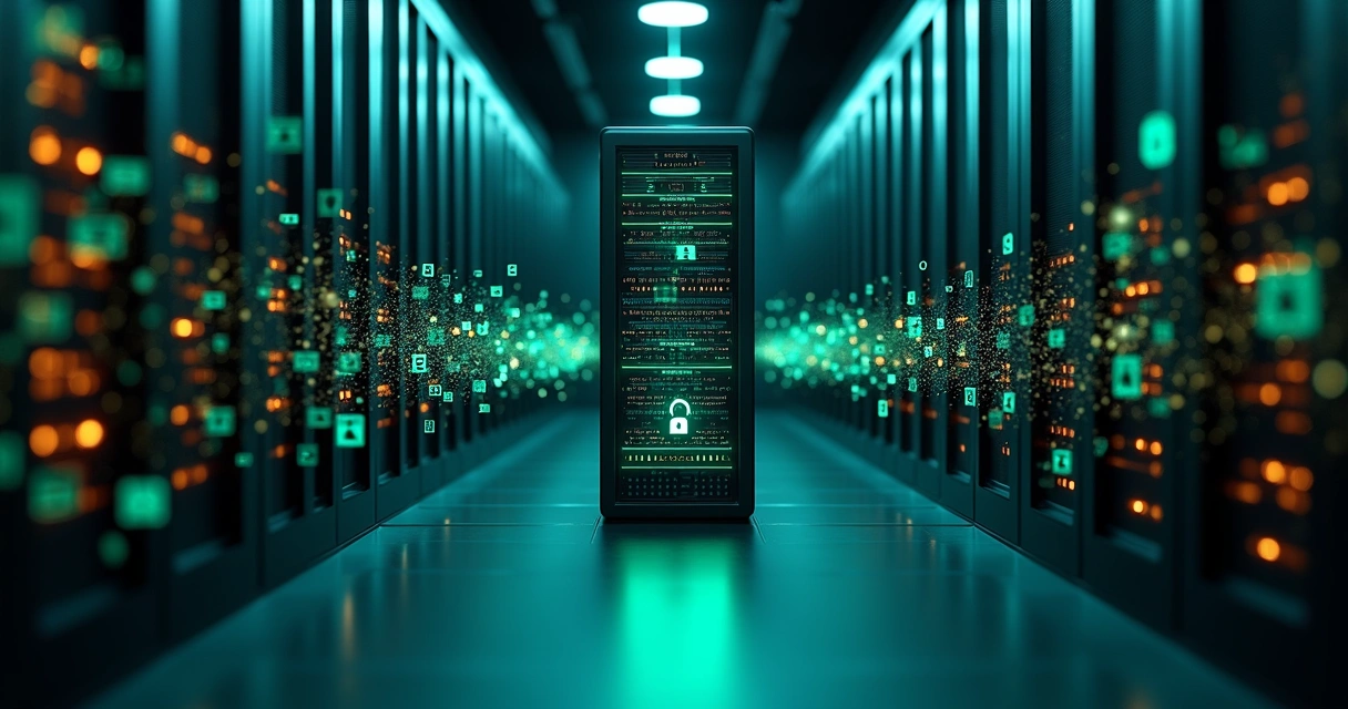 Fila de dados digitais representando notas fiscais passando por servidor com trilhas de auditoria 