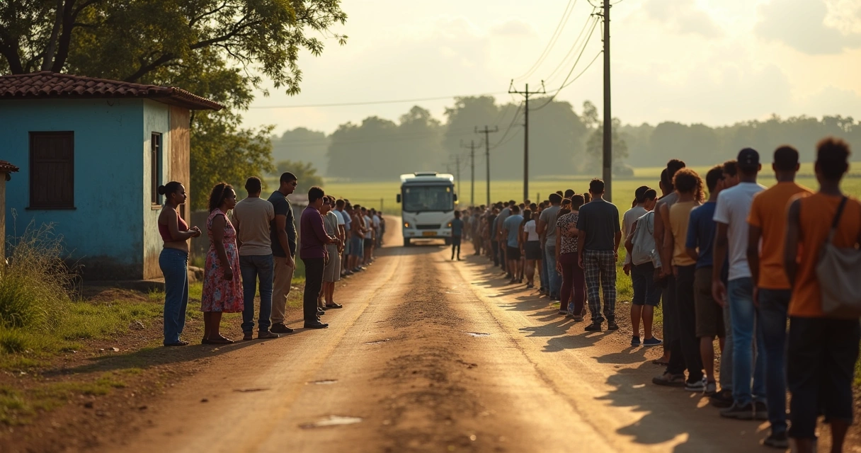 Fila de pessoas esperando ônibus em zona rural brasileira
