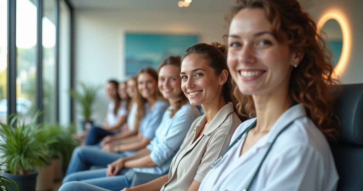 Pacientes sorridentes aguardando em fila em clínica odontológica moderna