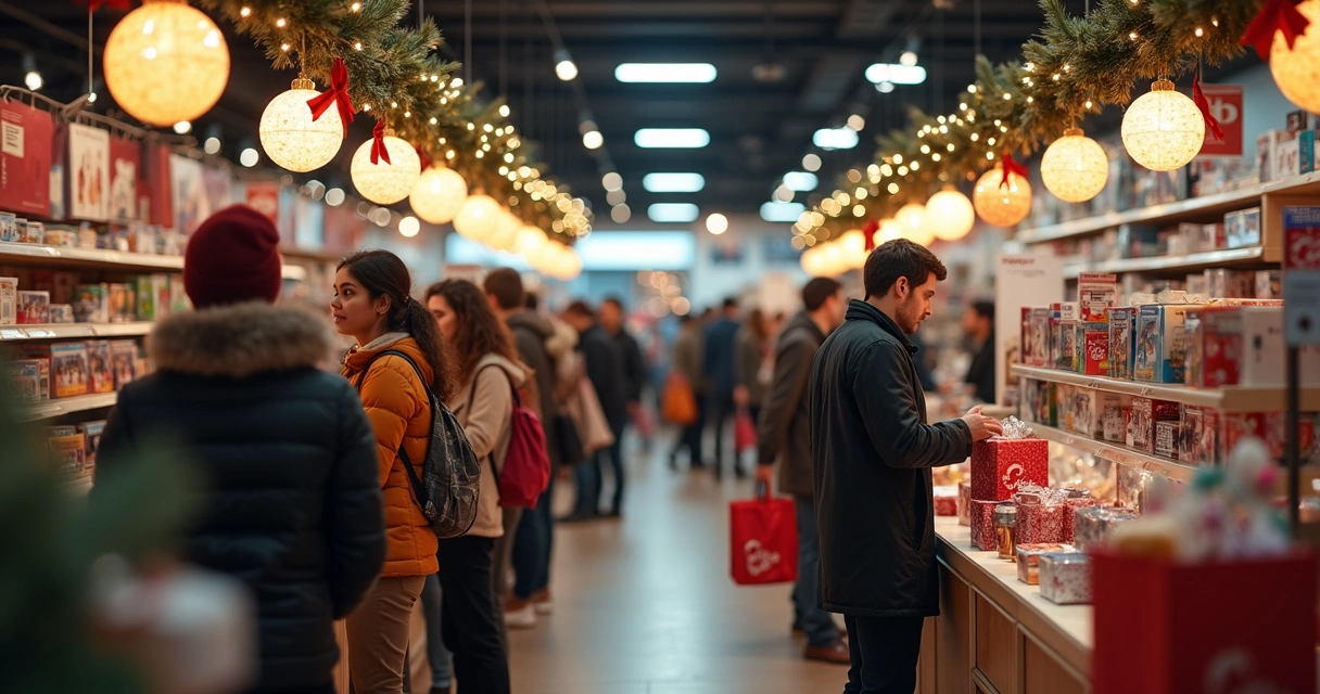 Fila de pessoas com sacolas de compras em loja decorada para o Natal 