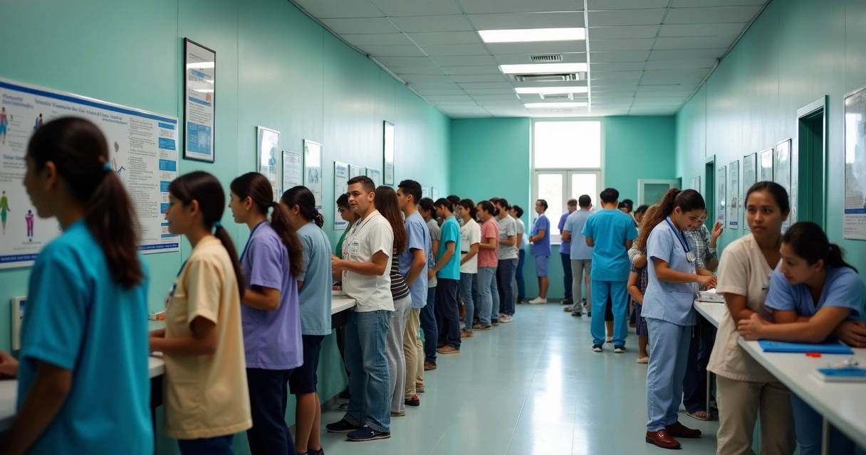 Fila em posto de saúde com atuação de enfermagem 