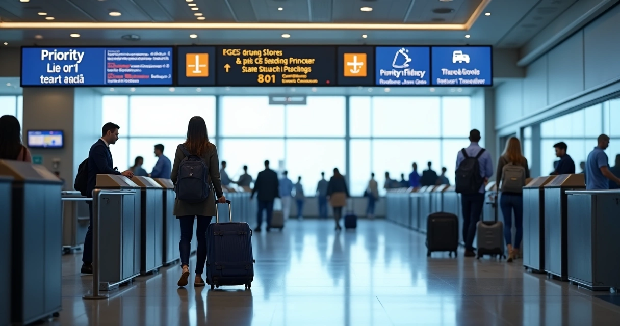 Fila prioritária e balcão de aeroporto com bagagens 