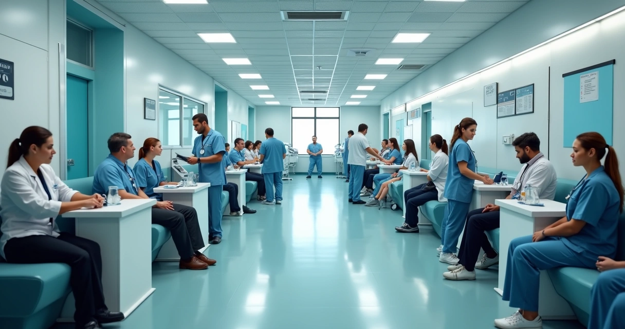Sala de pronto atendimento com várias pessoas aguardando em filas organizadas e profissionais de saúde atendendo pacientes com eficiência 