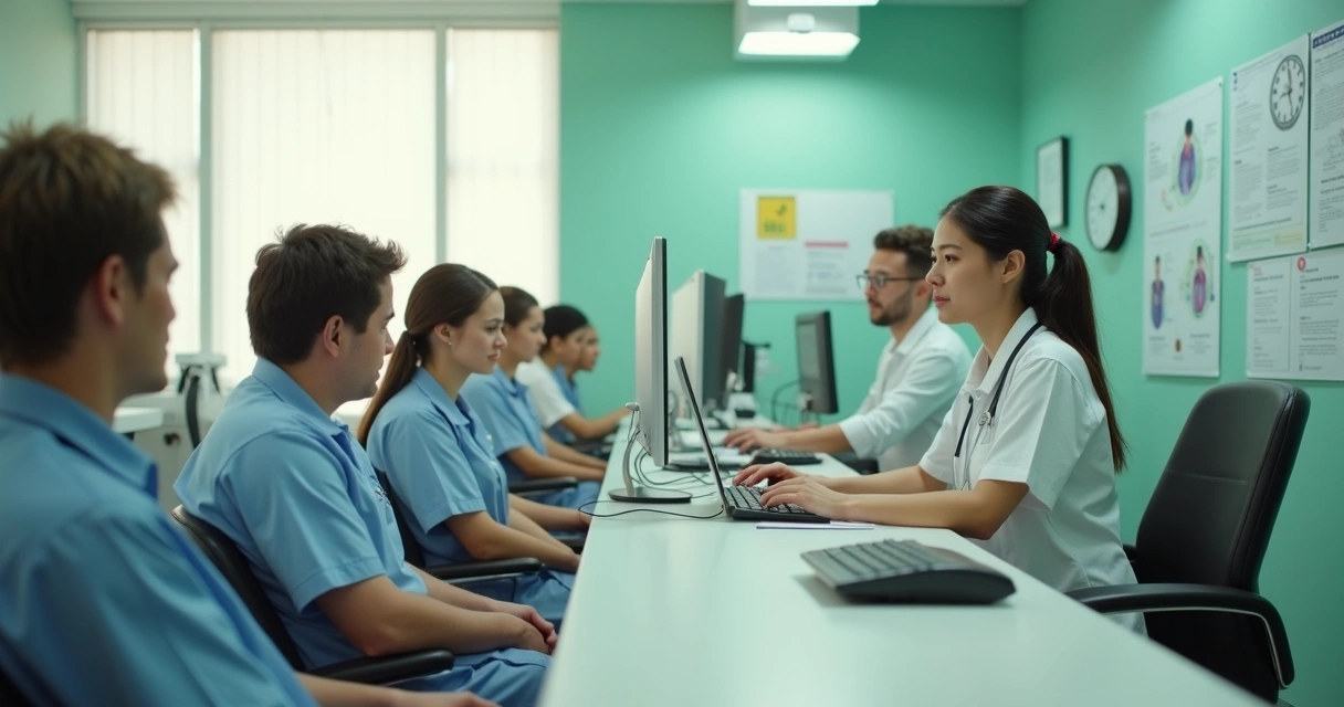 Pacientes esperando em fila na recepção de uma clínica, com recepcionista atarefada.