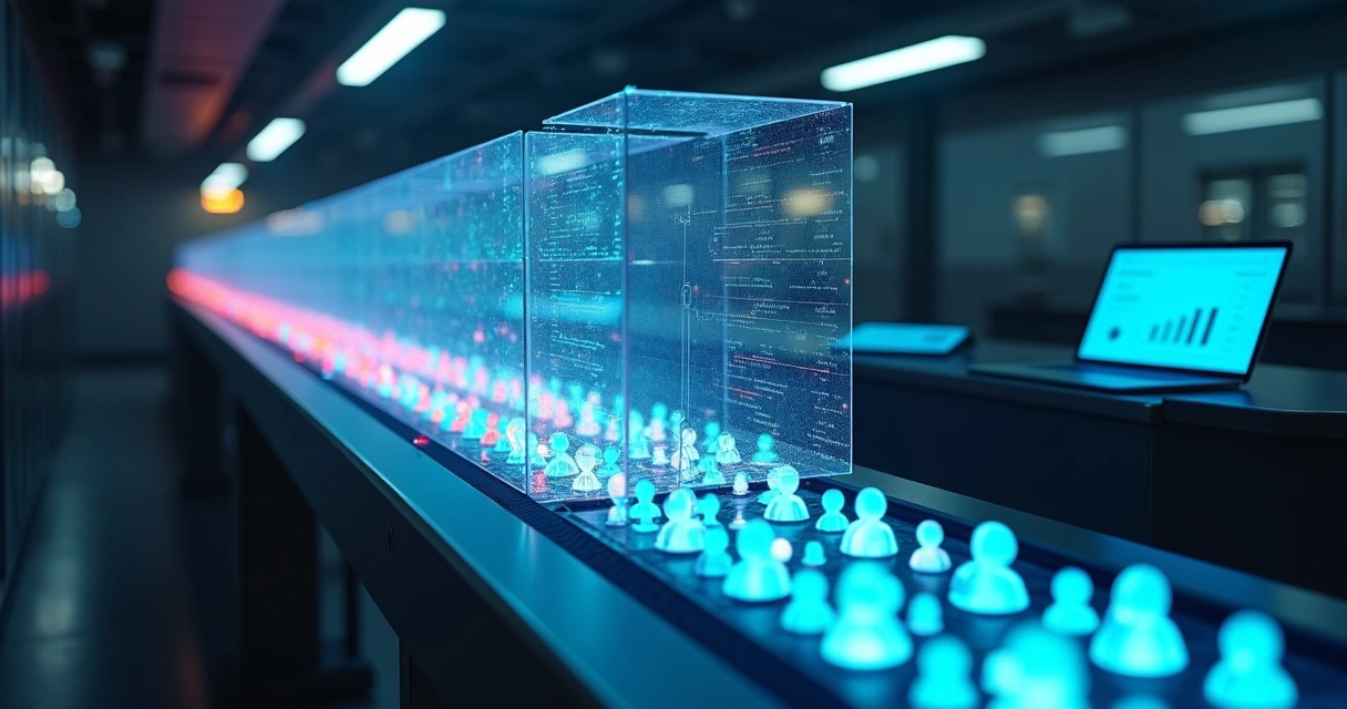 Filas de ícones de perfis reais e bots sendo filtrados por escudo digital 