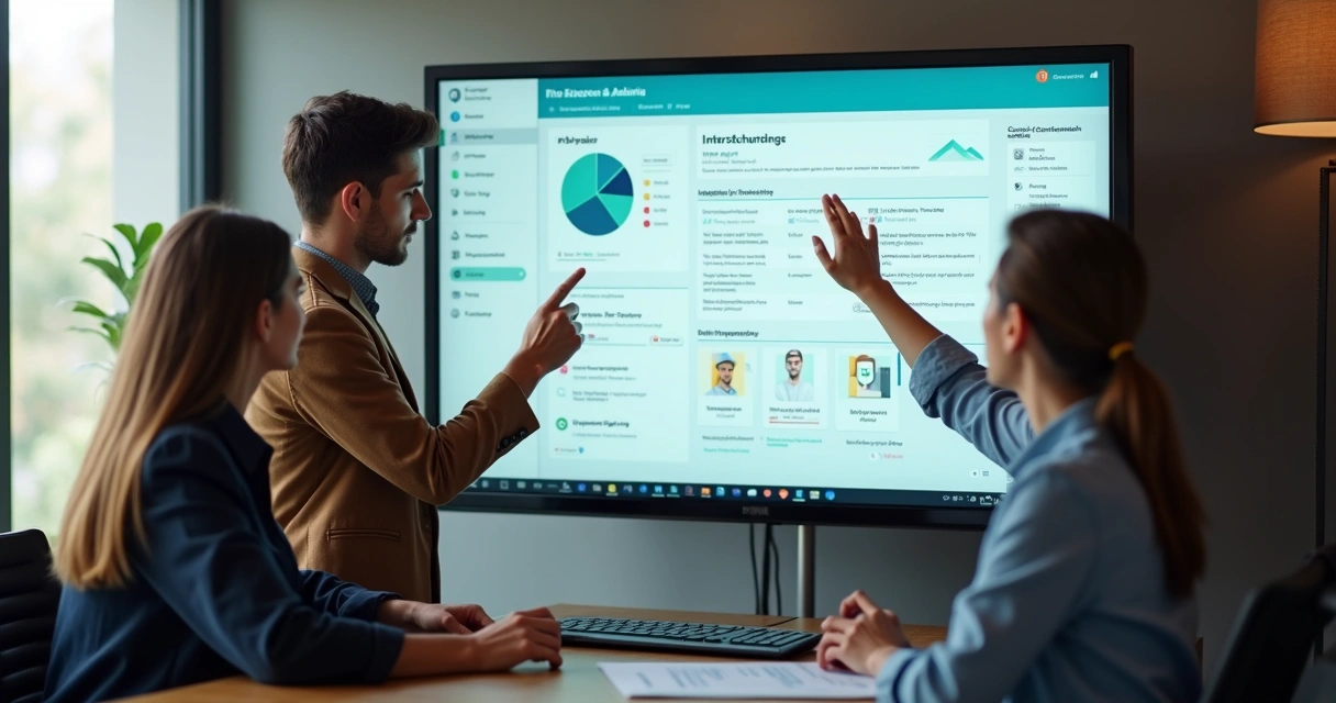 Equipe pequena usando painel de filas inteligentes no escritório 