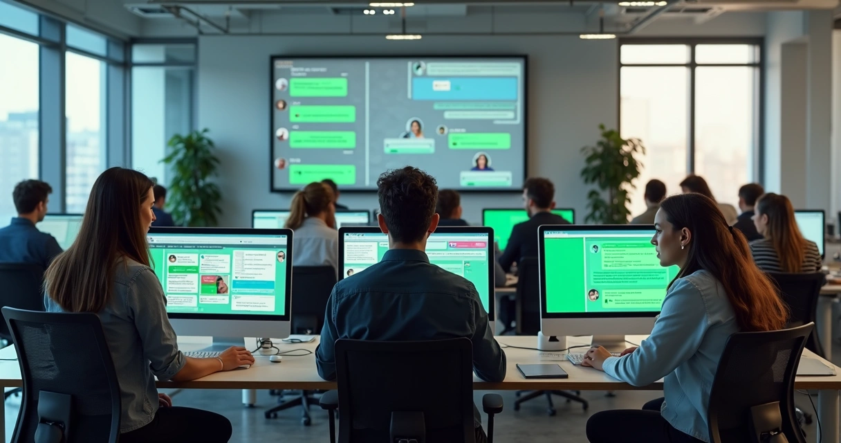 Equipe de atendimento em trabalho colaborativo usando computadores e WhatsApp 