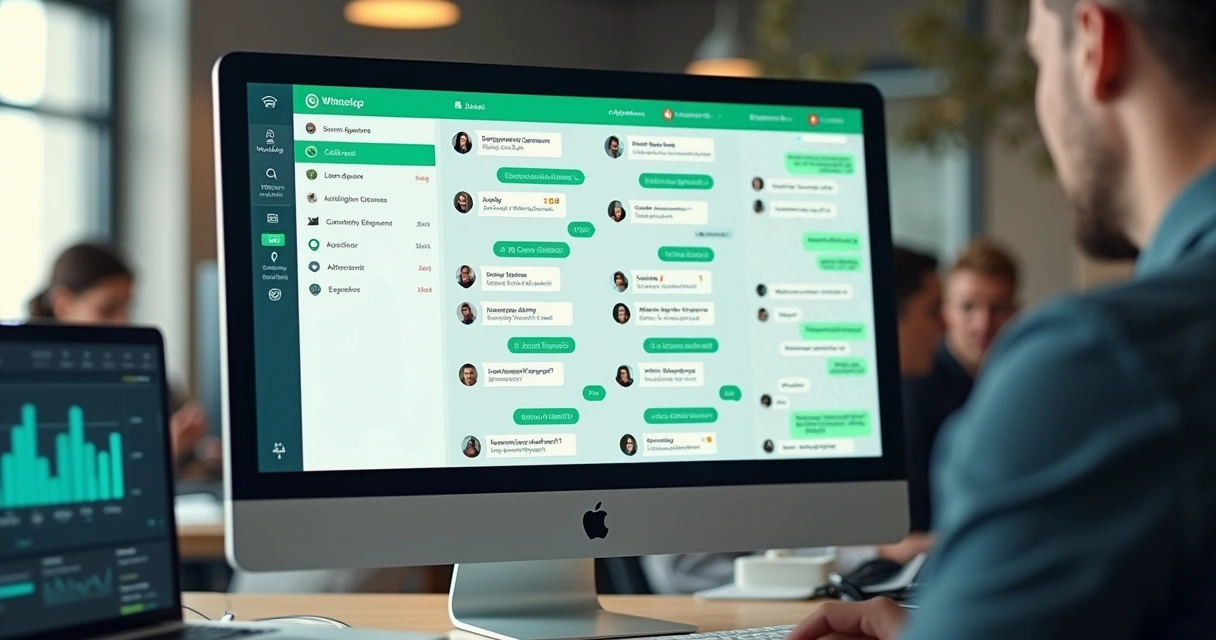 Tela de computador exibindo interface de atendimento com filas segmentadas de mensagens no WhatsApp organizadas por departamentos diferentes com atendentes ativos. 