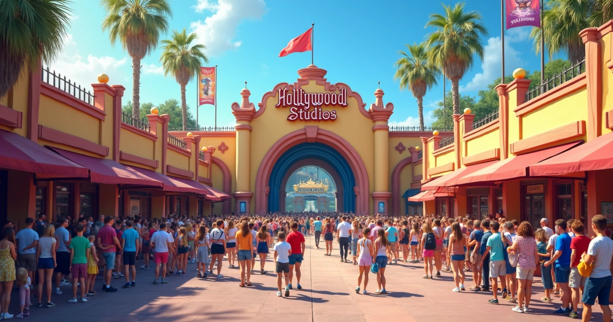 Filas organizadas na entrada de atração do Hollywood Studios, visitantes aguardando 