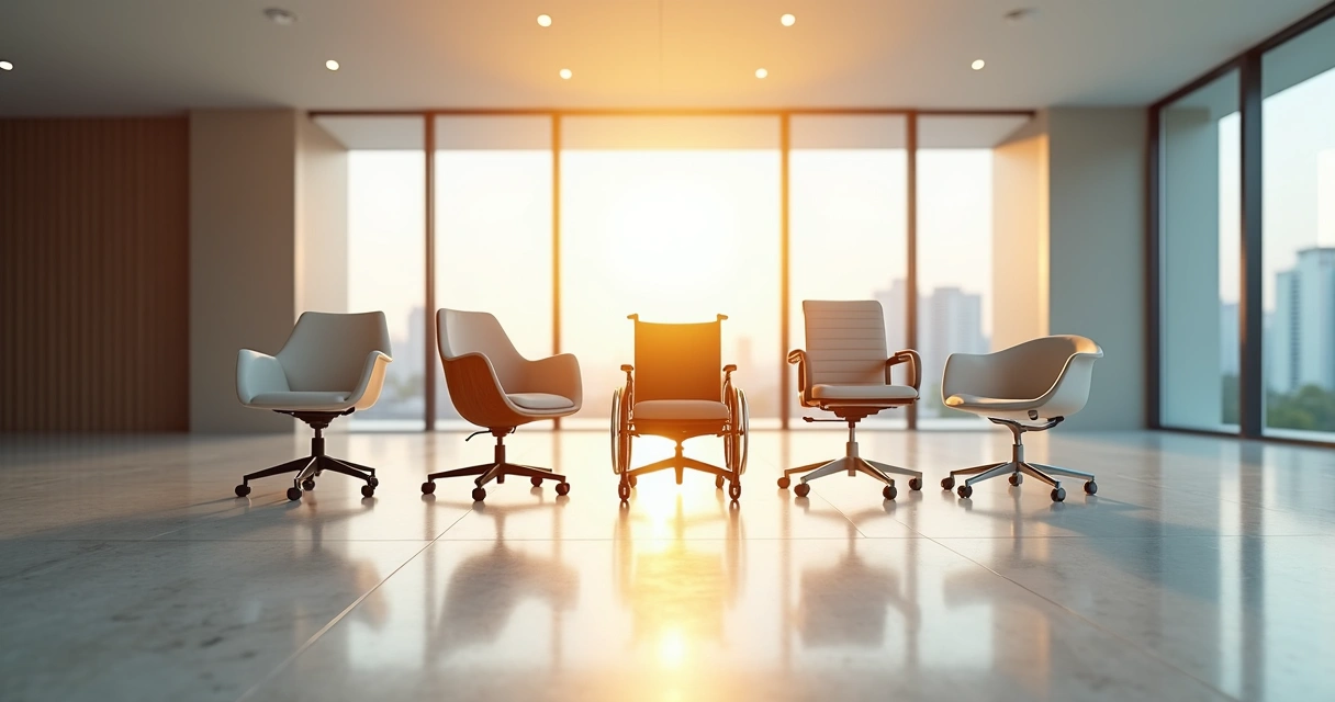 Cadeiras diferentes alinhadas com luz formando círculo inclusivo 