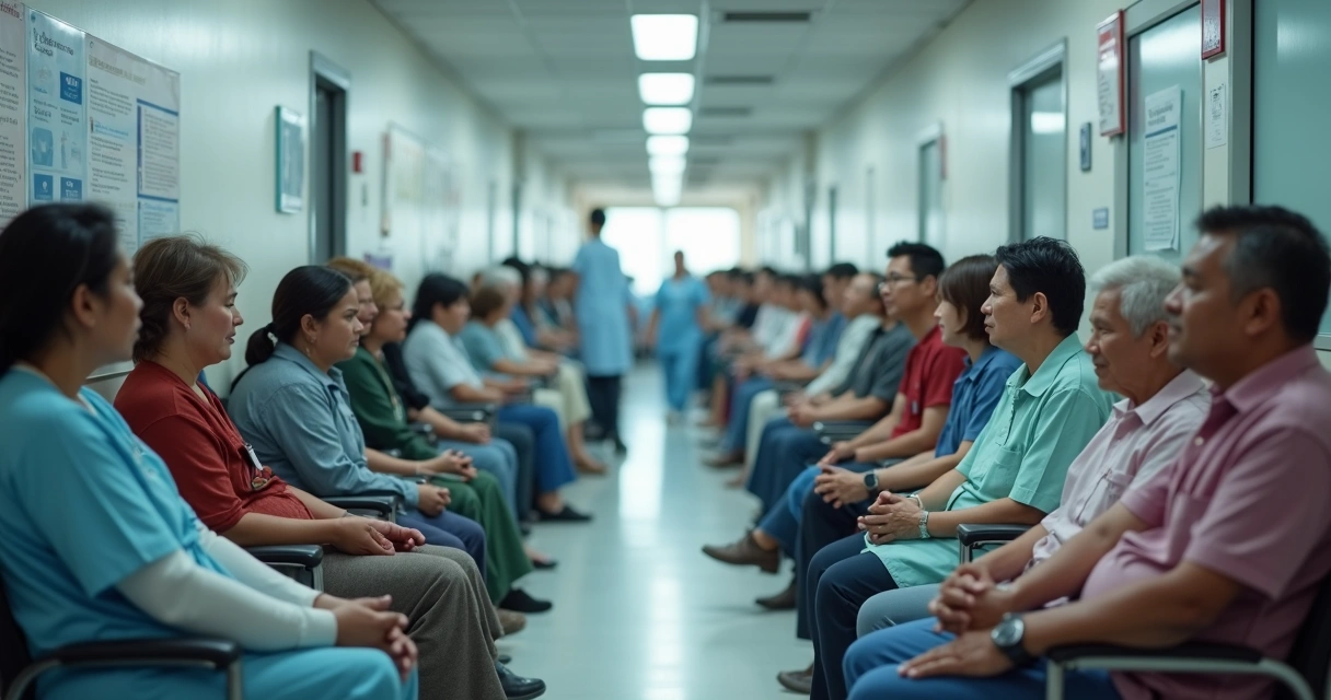 Pacientes aguardando em uma fila dentro de hospital com expressão de espera e ambiente clínico 
