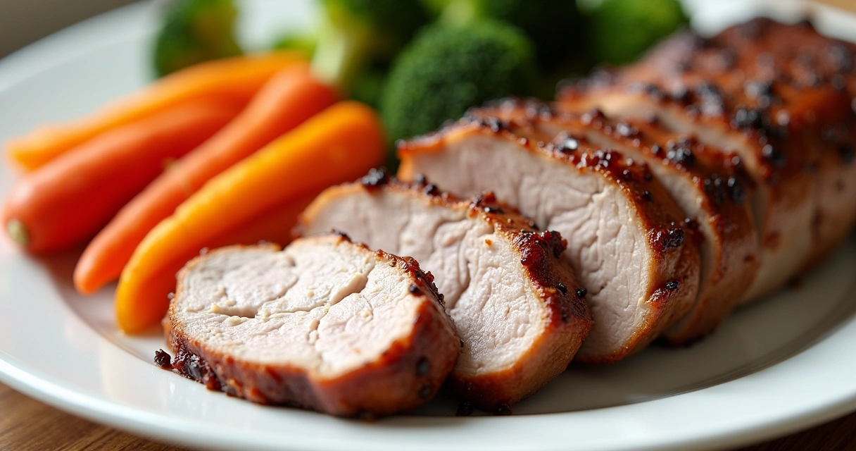 Filé mignon suíno grelhado servido com legumes coloridos 