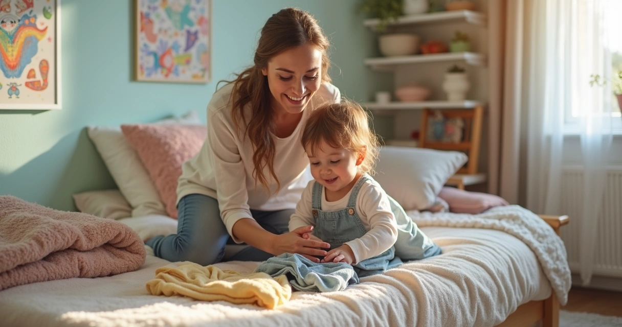 Criança arrumando o quarto com mãe alegre ao lado 