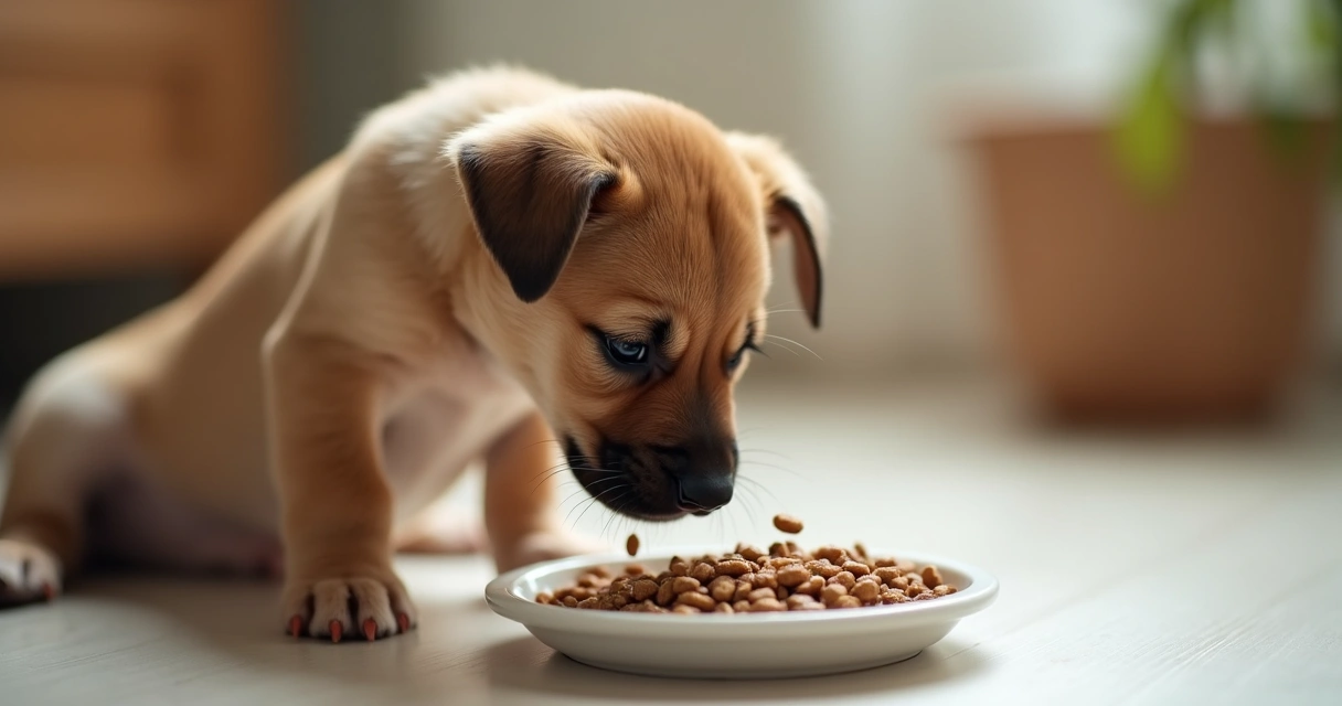 Filhote de cachorro comendo ração em tigela branca 