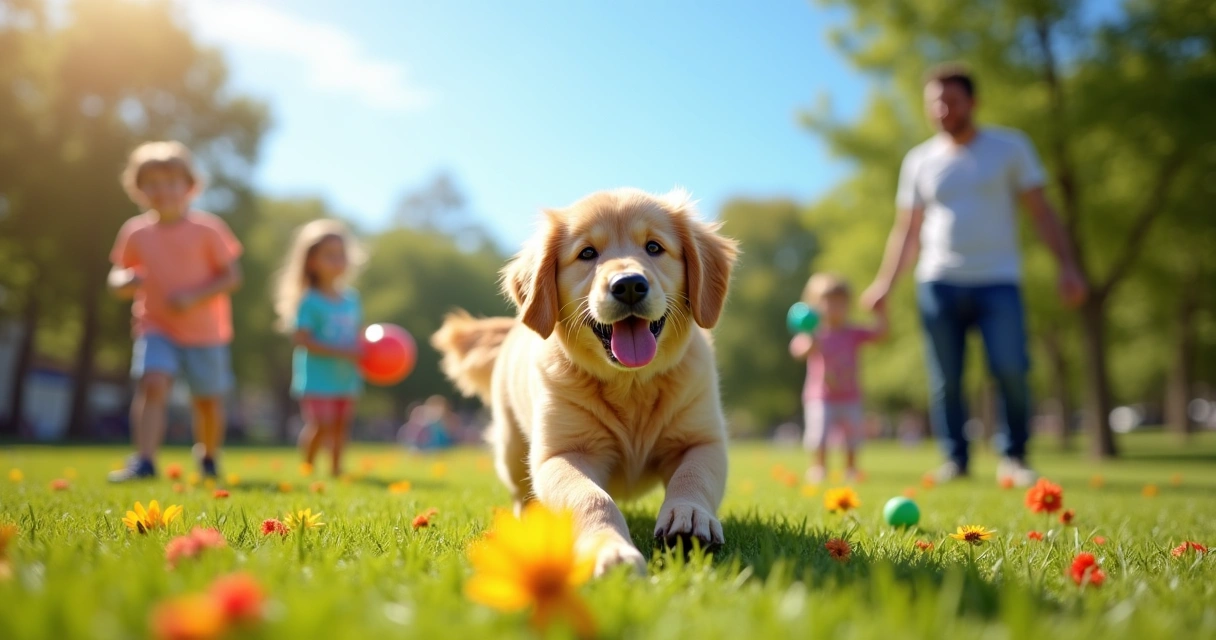 Filhote de golden retriever brincando em um parque ensolarado com crianças e adulto, simbolizando socialização positiva.