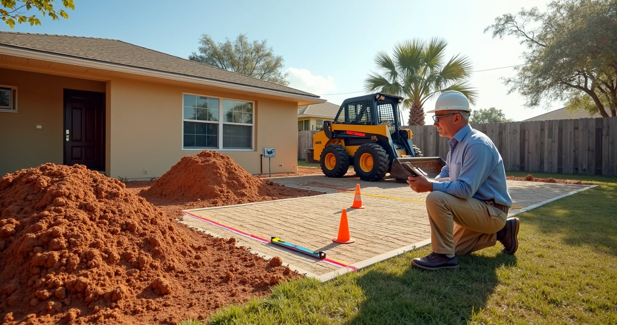Contractor measuring backyard slope and fill dirt for patio expansion in Florida 