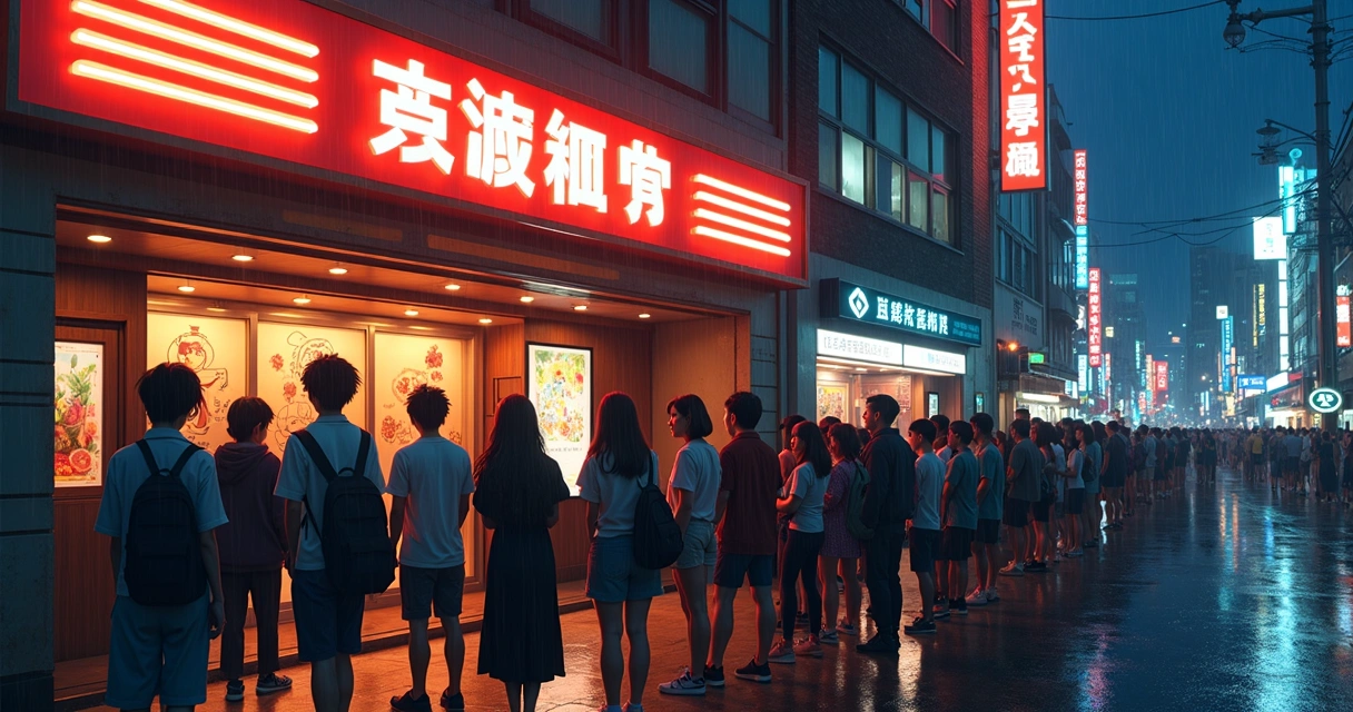 Fila de pessoas para assistir a filme de anime no cinema 