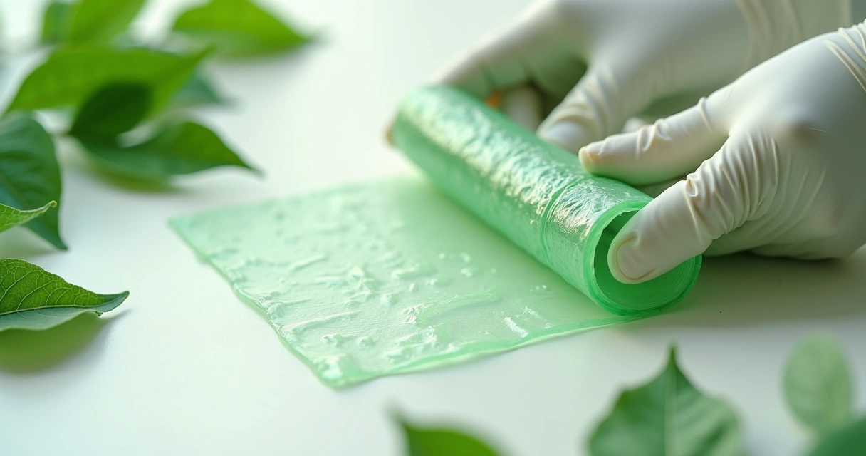 Filme bioplástico transparente com folhas de moringa em fundo claro 