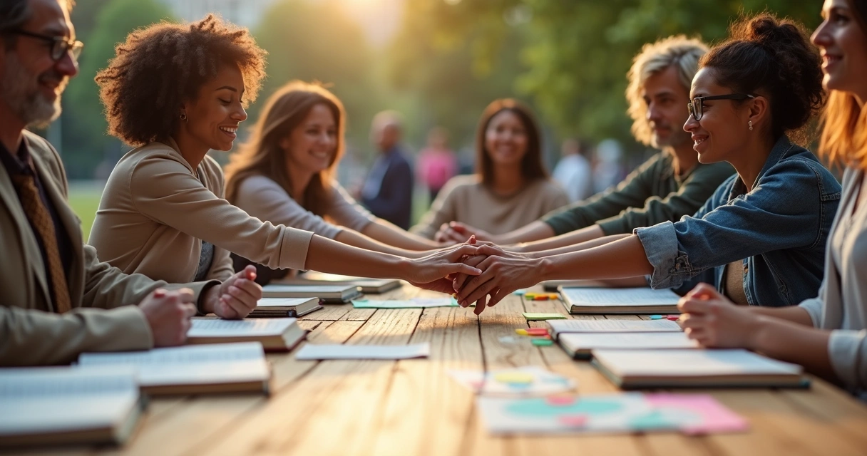 Grupo diverso em roda ao ar livre unindo mãos sobre a mesa 