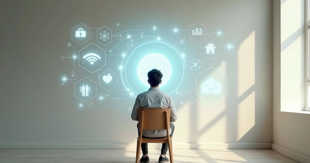 Persona reflexionando ante un cruce de caminos con símbolos de mente y conciencia 