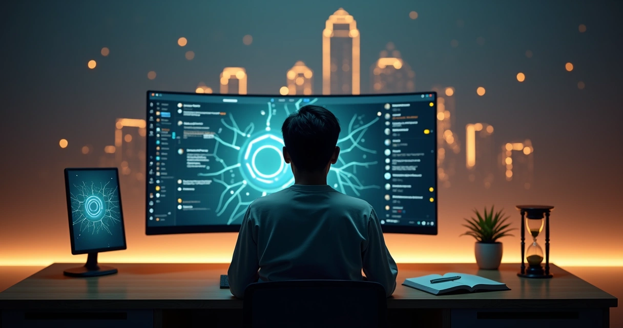 Persona observando múltiples pantallas de redes sociales sobre un fondo de constelaciones luminosas 