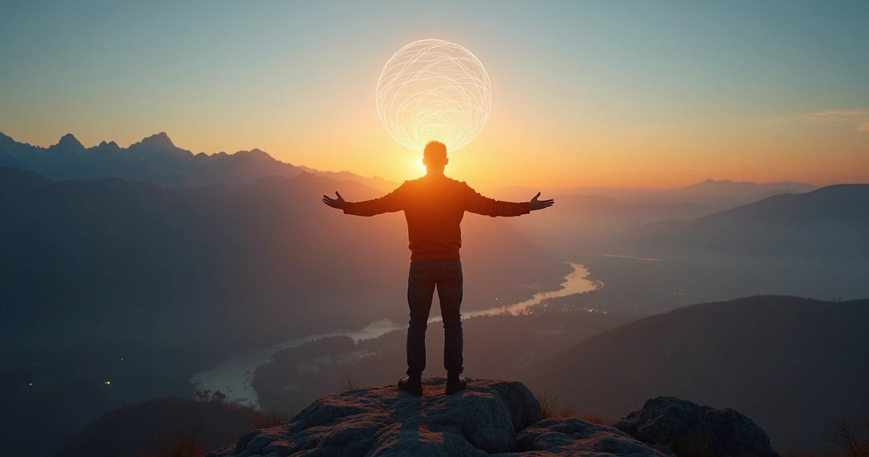 Silhouette of a person on a mountain with a luminous sphere over the heart representing conscious responsibility 