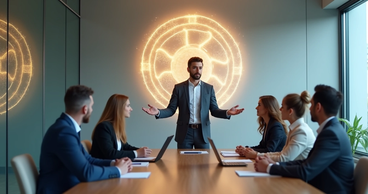 Equipe em reunião tensa com líder sereno mediando conflito no escritório 