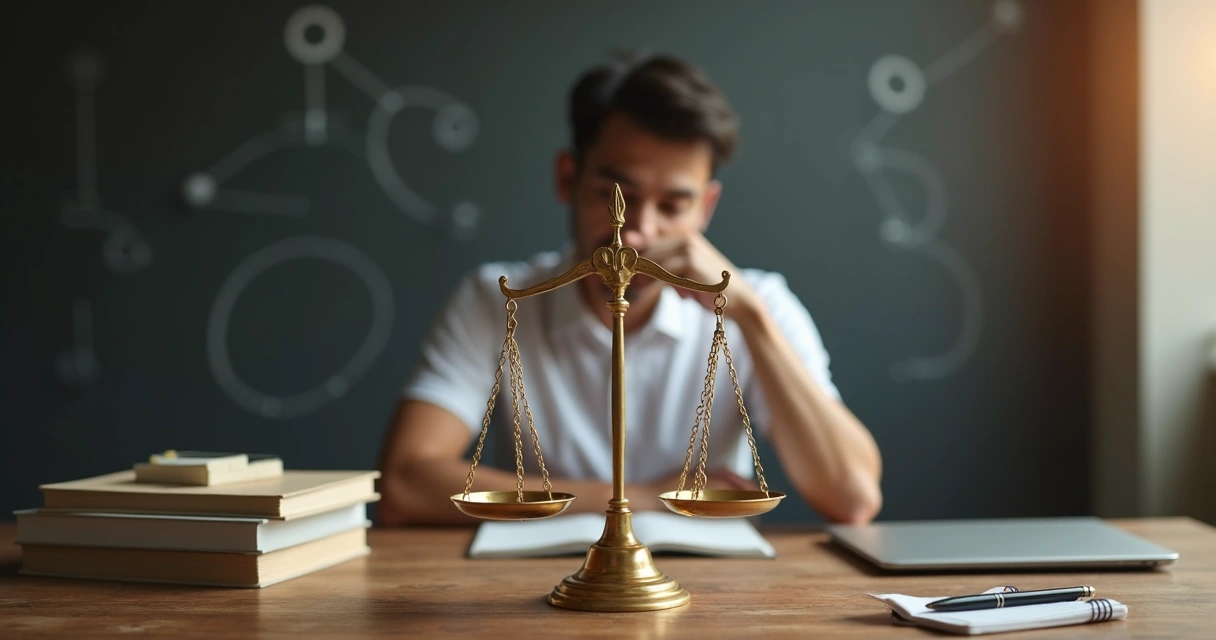 Pessoa em mesa de madeira refletindo diante de balança de justiça iluminada 