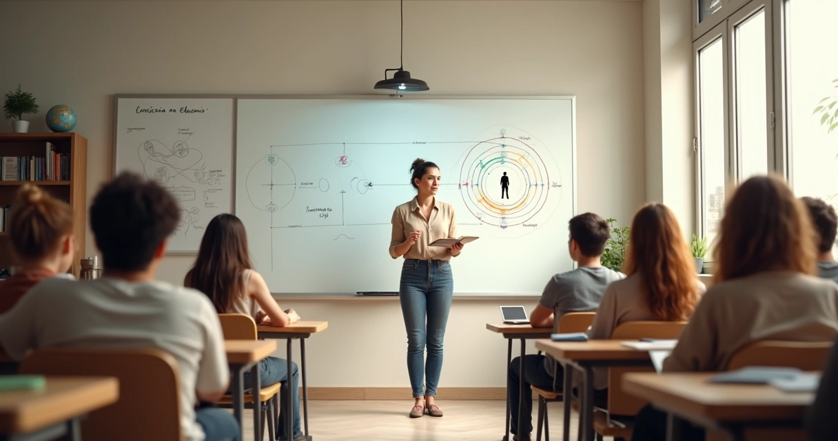 Professora guiando alunos em círculo com símbolos de consciência no quadro 