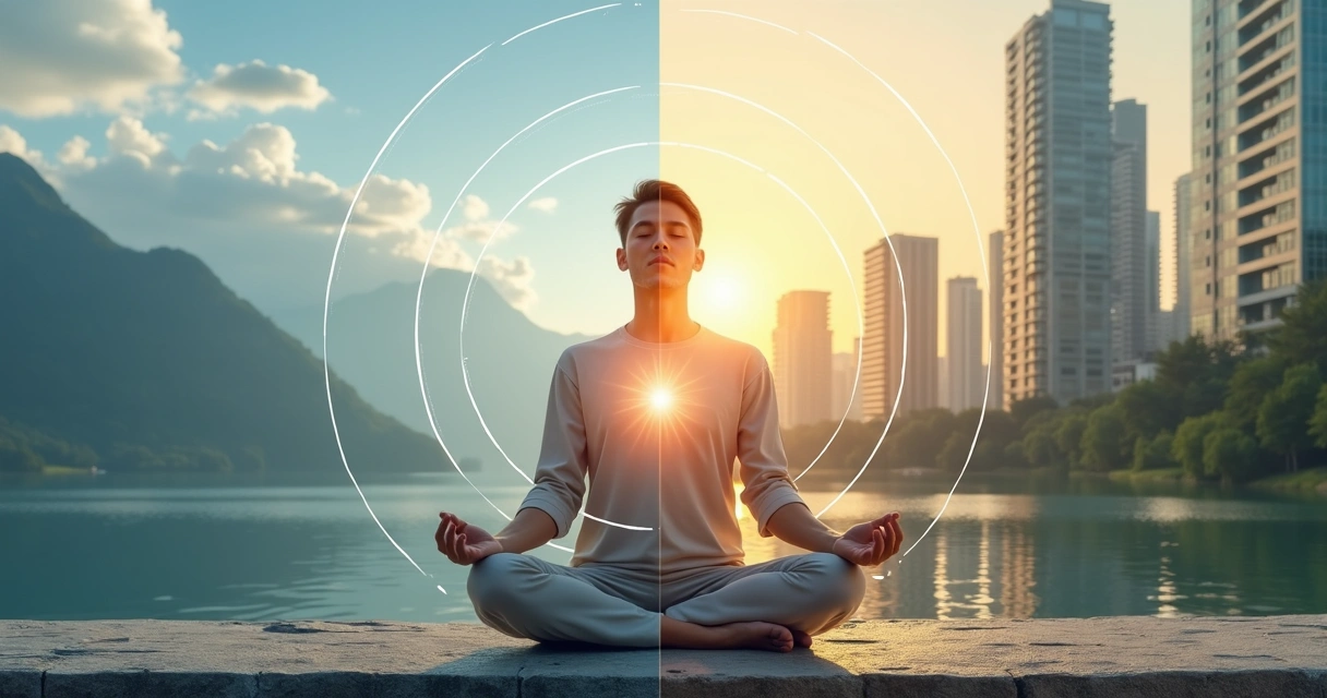 Pessoa de olhos fechados meditando diante de paisagem com cidade e natureza integradas 