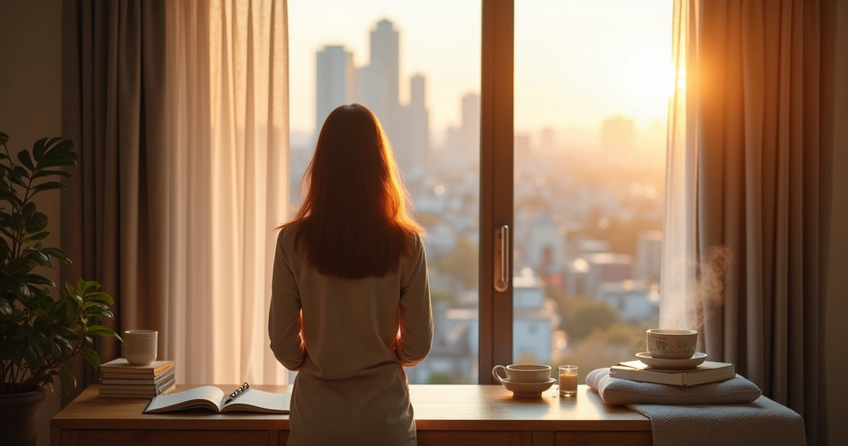 Pessoa contemplando rotinas do dia em ambiente urbano calmo 