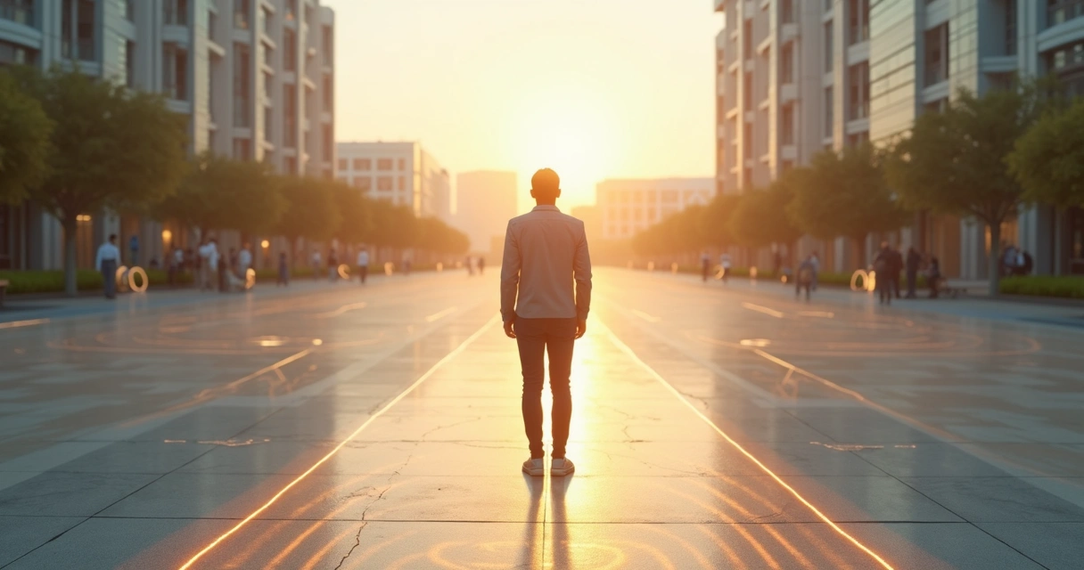 Pessoa em encruzilhada tomando decisão complexa em ambiente urbano minimalista 