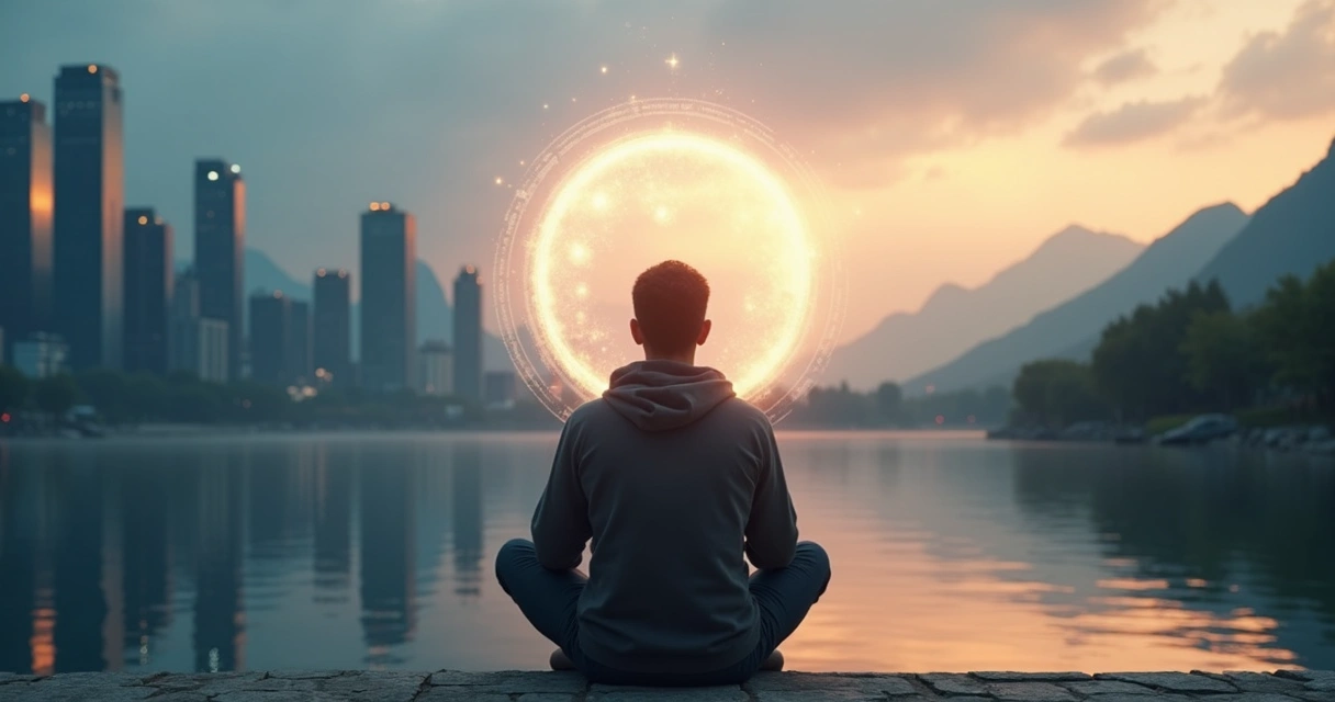 Pessoa em reflexão diante de paisagem dividida entre caos urbano e natureza serena 