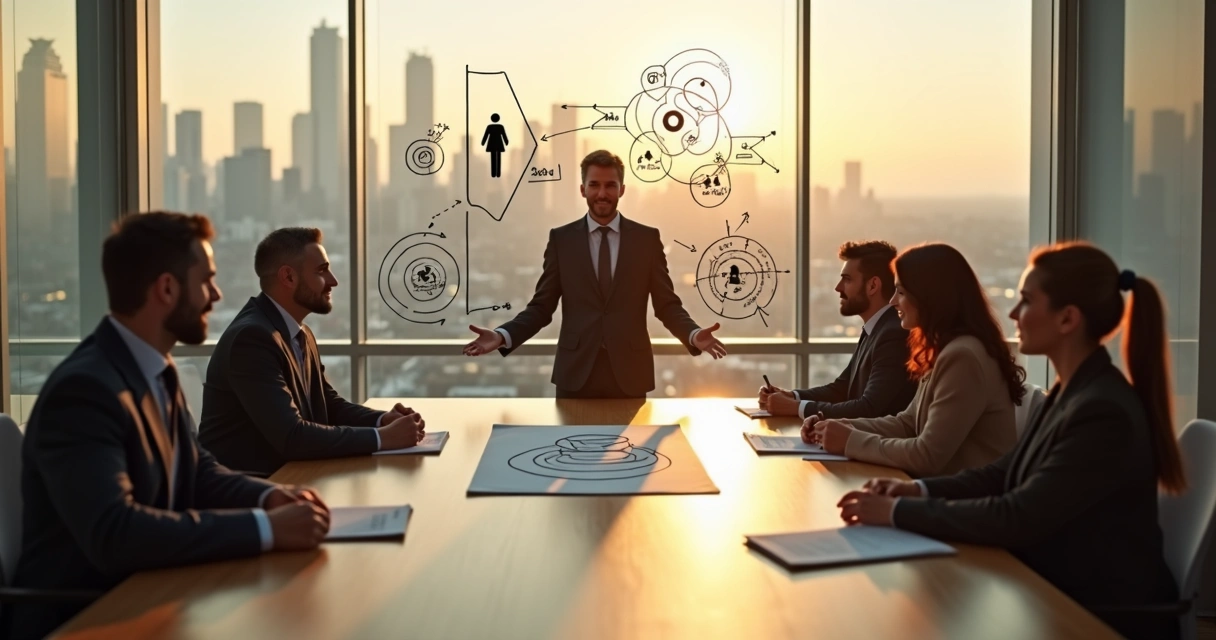 Equipo directivo analizando dilemas empresariales en una sala de reuniones moderna 