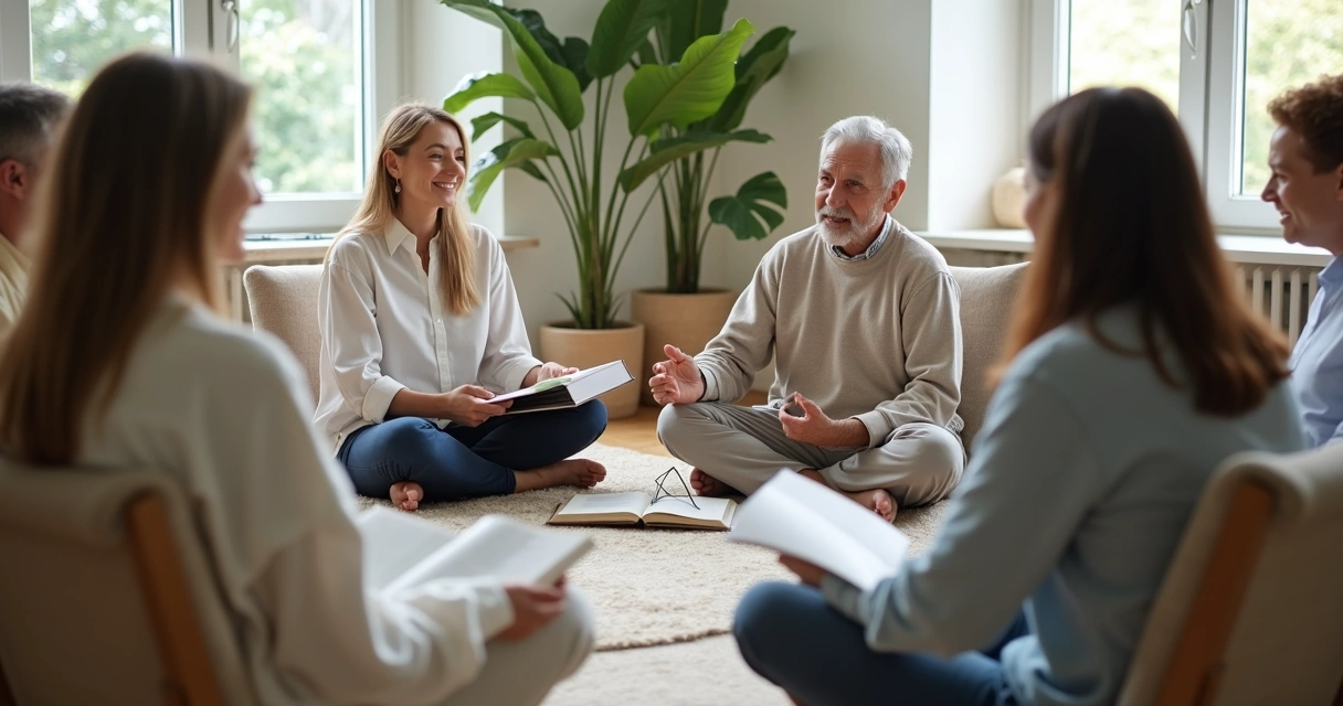 Grupo diverso em círculo conversando em ambiente calmo com luz suave 