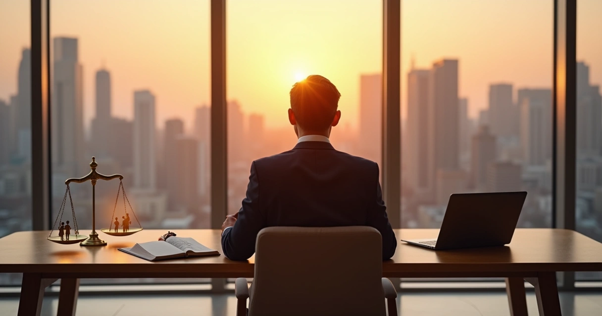 Líder reflexivo en oficina moderna con balanza ética y luz cálida 