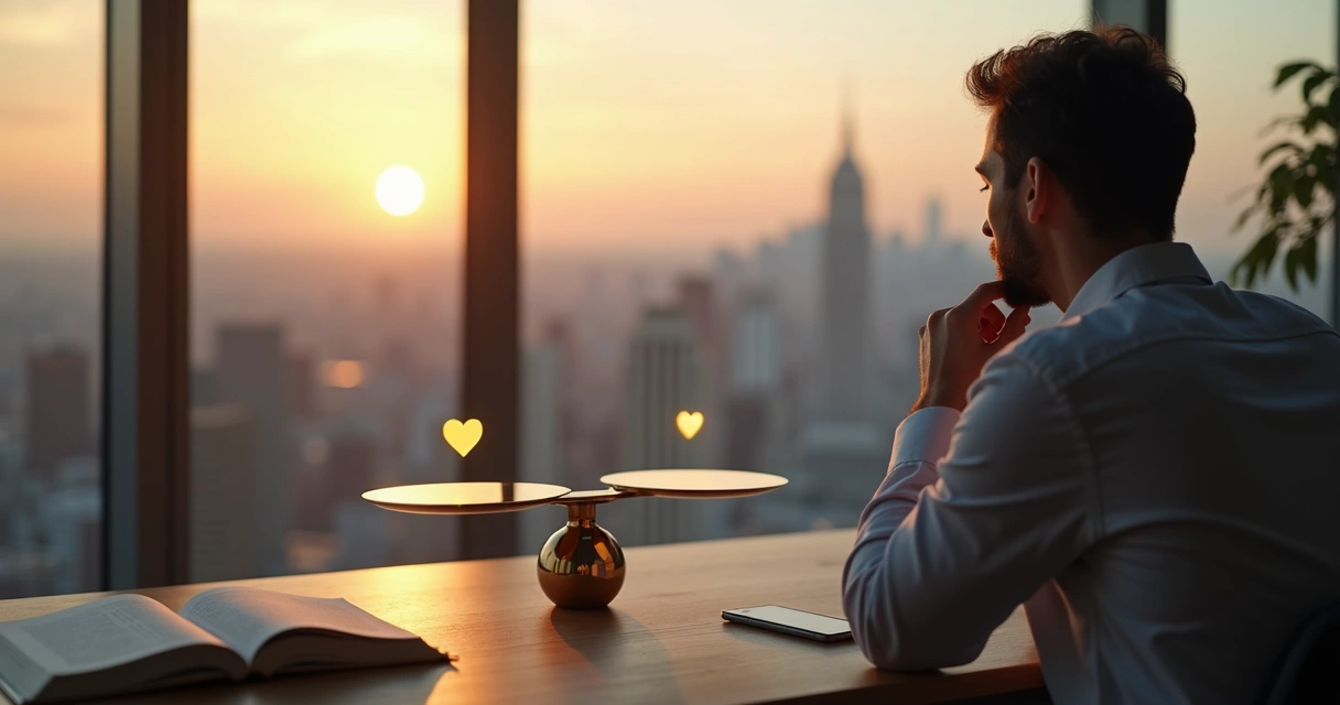 Persona reflexionando frente a balanza de decisiones éticas 