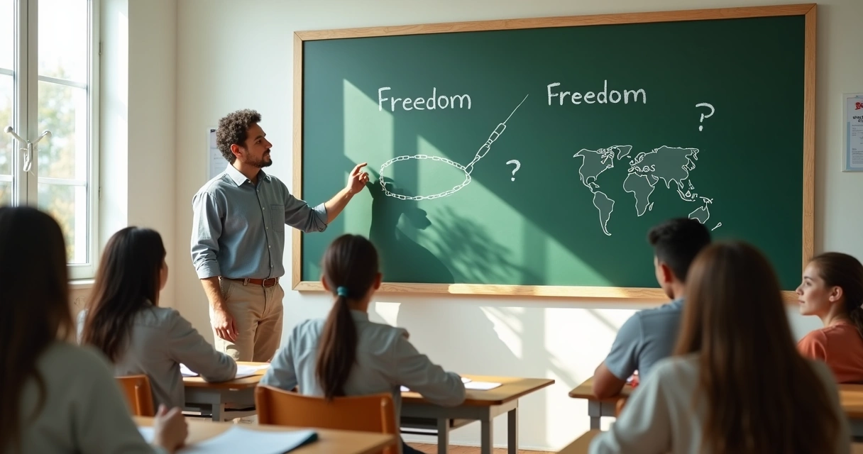 Professor em sala de aula guiando discussão filosófica com alunos do ensino médio 