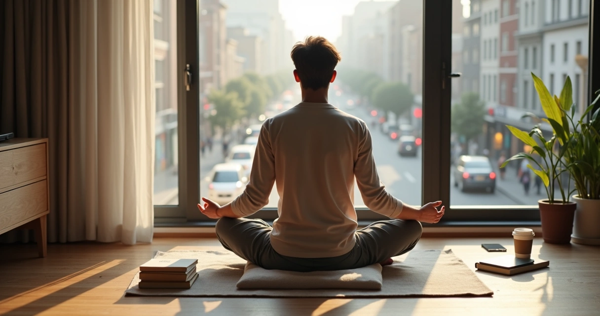 Pessoa meditando em sala moderna com livros de filosofia e elementos urbanos ao fundo 