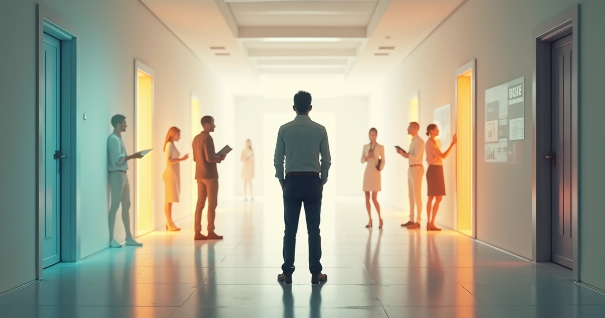 Profissional observando três versões de si mesmo em um corredor de portas simbólicas 