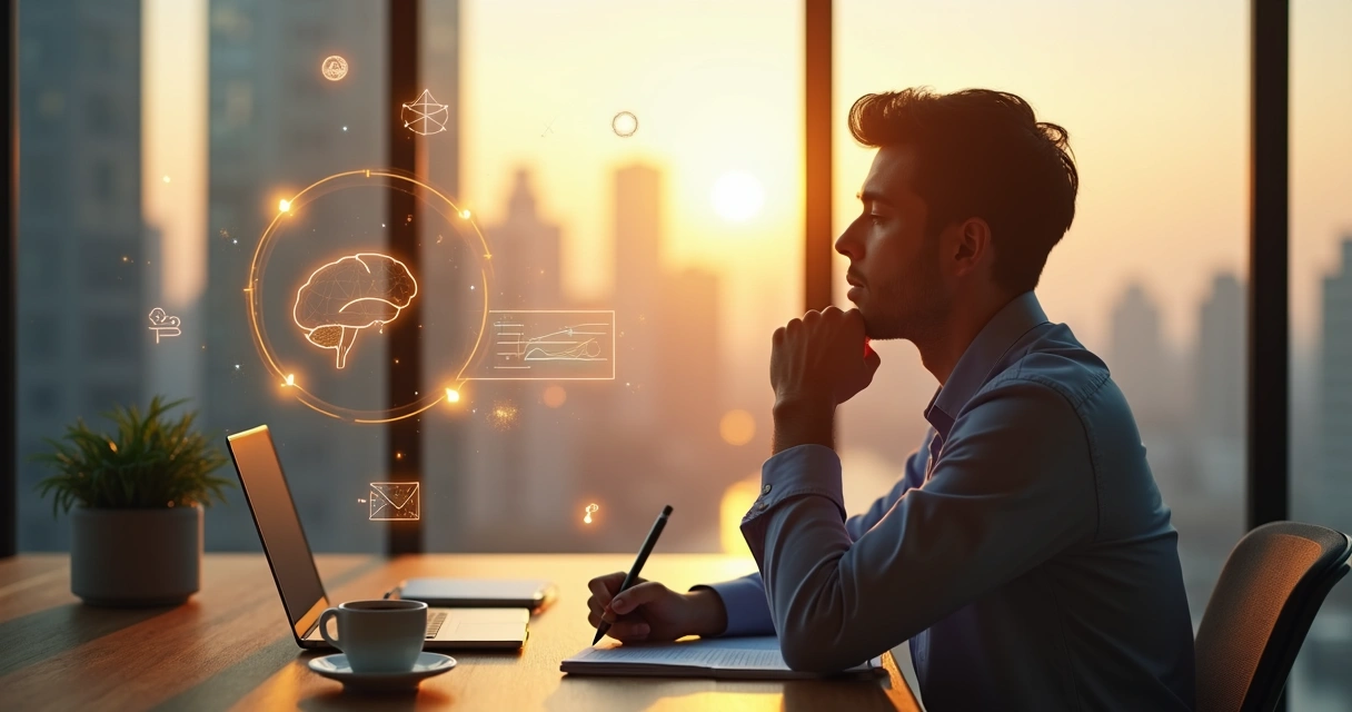 Profissional refletindo em escritório com conexão entre mente, emoção e propósito 