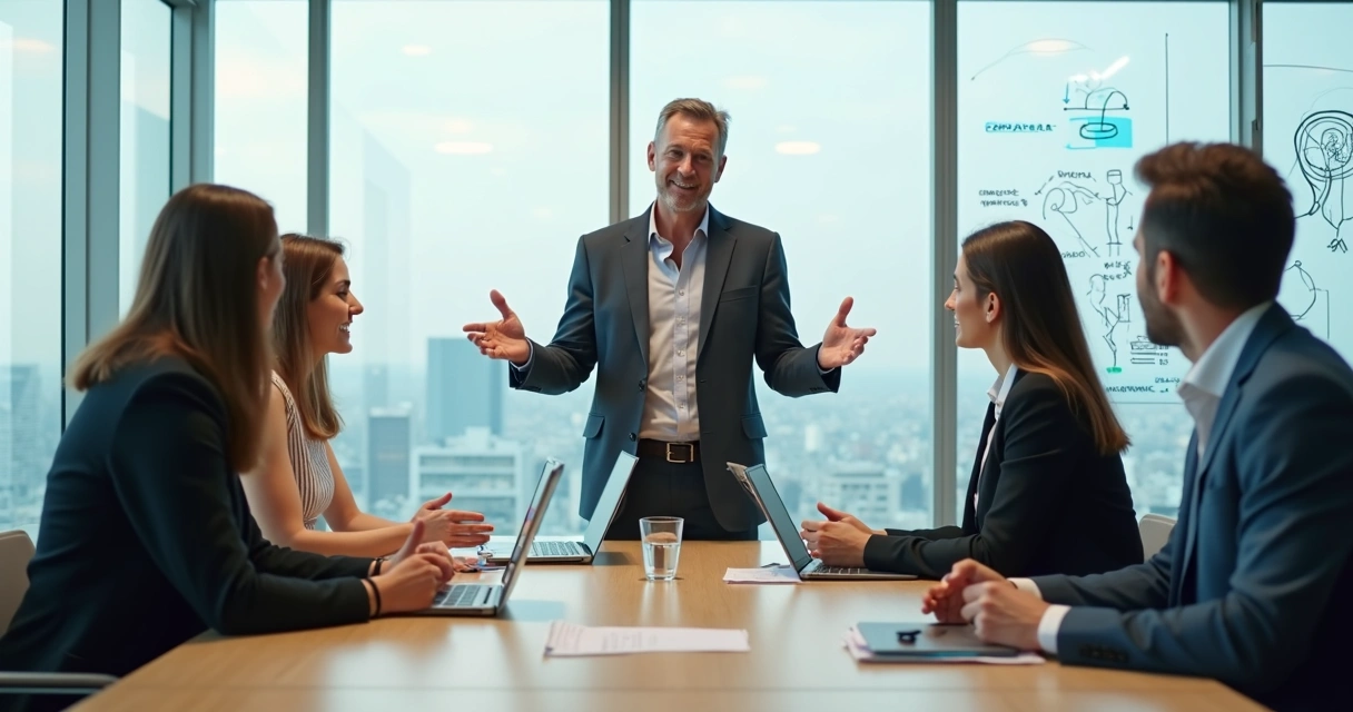 Líder mediando conflito profissional em reunião de equipe 
