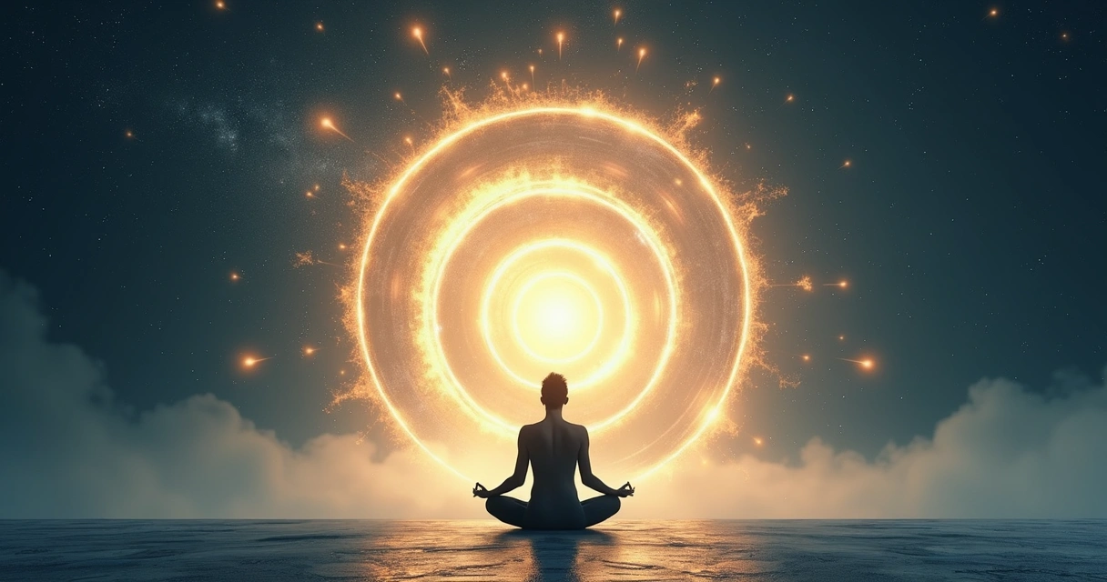 Pessoa em meditação diante de espiral de luz representando expansão da consciência 
