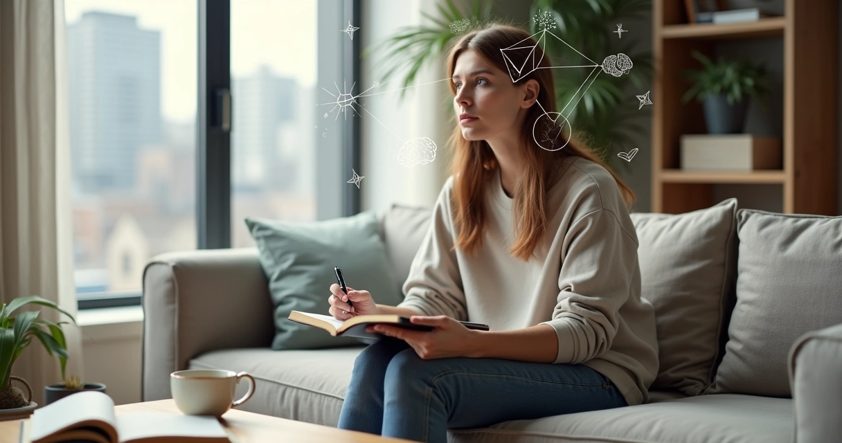Pessoa refletindo em sala de estar com símbolos de mente e conexão ao redor 